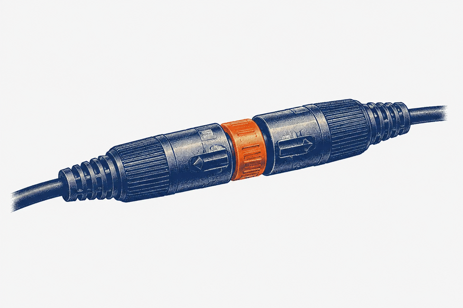 Two cable connectors joined by a small orange sleeve, illustrating the connection between complementary tools