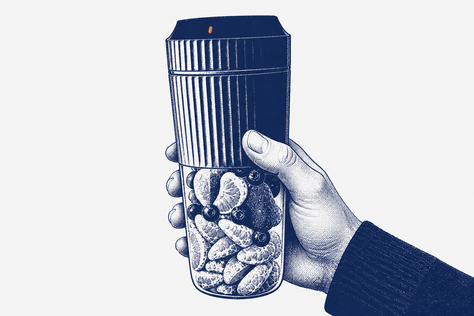 Editorial illustration of a hand holding the portable blender, connecting the product to its everyday use