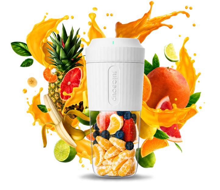 Original JuiceCup product artwork: a portable blender filled with fruit, surrounded by citrus and a juice splash